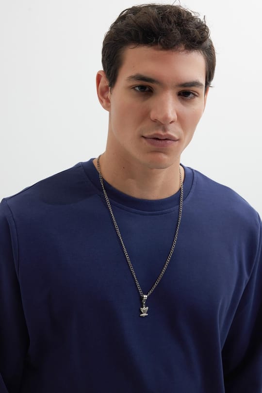 Erkek Relax Fit Rahat Kesim %100 Pamuk 2 İplik Bisiklet Yaka Lacivert Sweatshirt 