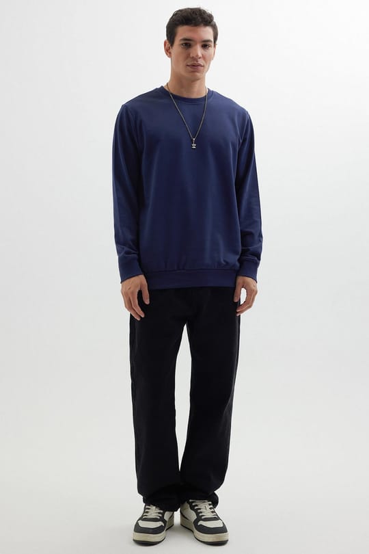 Erkek Relax Fit Rahat Kesim %100 Pamuk 2 İplik Bisiklet Yaka Lacivert Sweatshirt 