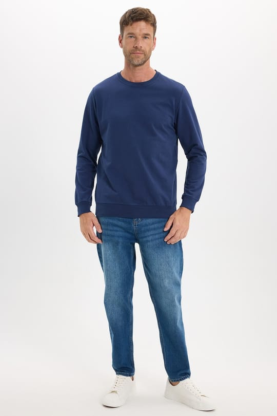 Erkek Relax Fit Rahat Kesim %100 Pamuk 2 İplik Bisiklet Yaka Lacivert Sweatshirt 