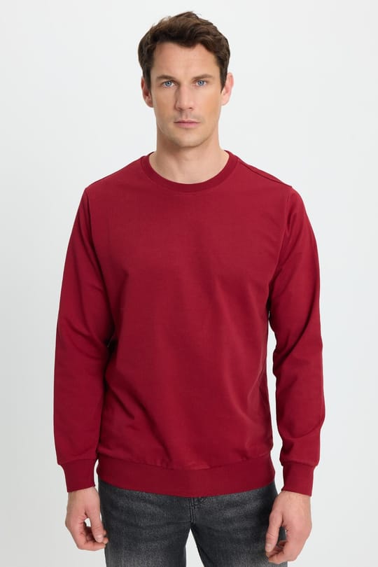 Erkek Relax Fit Rahat Kesim %100 Pamuk 2 İplik Bisiklet Yaka Bordo Sweatshirt 