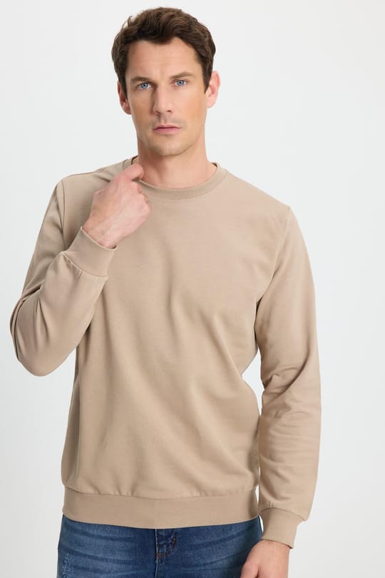 Erkek Relax Fit Rahat Kesim %100 Pamuk 2 İplik Bisiklet Yaka Taş Sweatshirt 