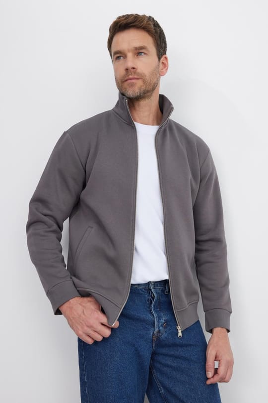 Unisex Relax Fit Rahat Kesim Pamuklu 3 İplik İçi Polarlı Fermuarlı Cepli Gri Sweatshirt Hırka