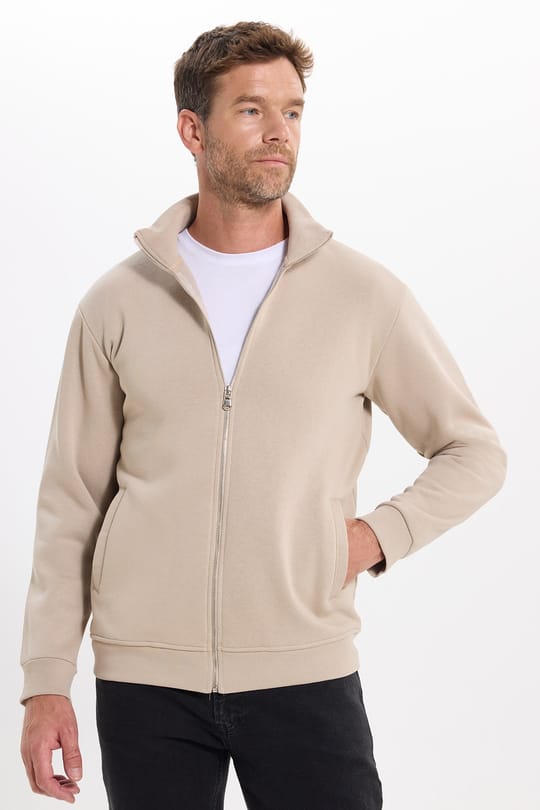 Unisex Relax Fit Rahat Kesim Pamuklu 3 İplik İçi Polarlı Fermuarlı Cepli Taş Sweatshirt Hırka