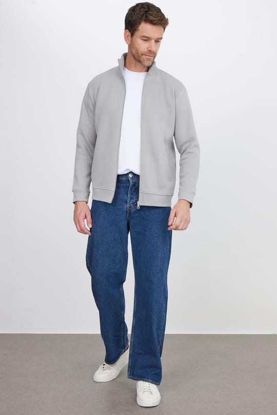 Unisex Relax Fit Rahat Kesim Pamuklu 3 İplik İçi Polarlı Fermuarlı Cepli Gri Sweatshirt Hırka