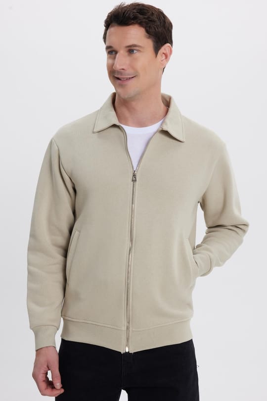 Unisex Relax Fit Rahat Kesim Pamuklu İçi Polarlı Fermuarlı Taş Polo Yaka Flato Cepli Sweatshirt Hırka