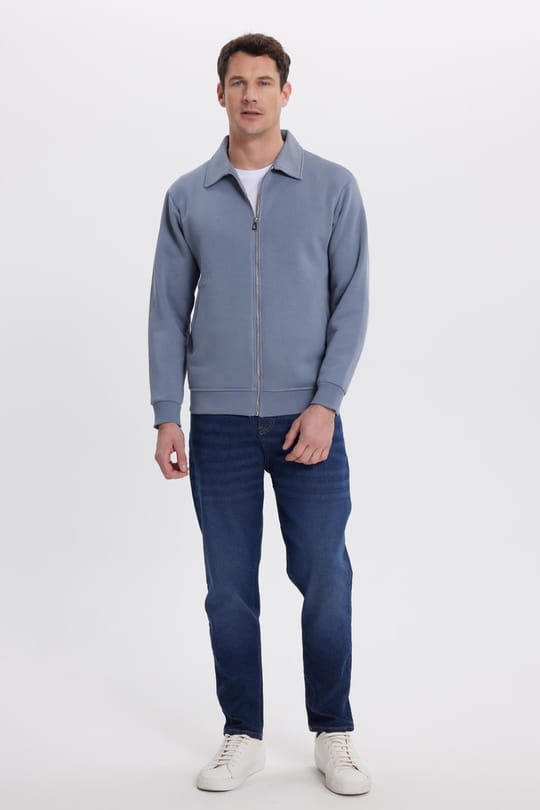 Unisex Relax Fit Rahat Kesim Pamuklu İç Polarlı Fermuarlı Gri Polo Yaka Flato Cepli Sweatshirt Hırka