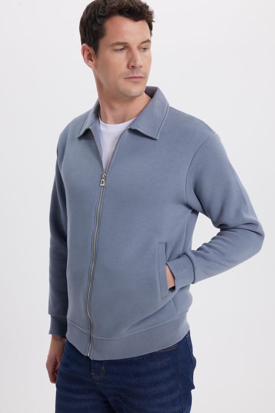 Unisex Relax Fit Rahat Kesim Pamuklu İç Polarlı Fermuarlı Gri Polo Yaka Flato Cepli Sweatshirt Hırka