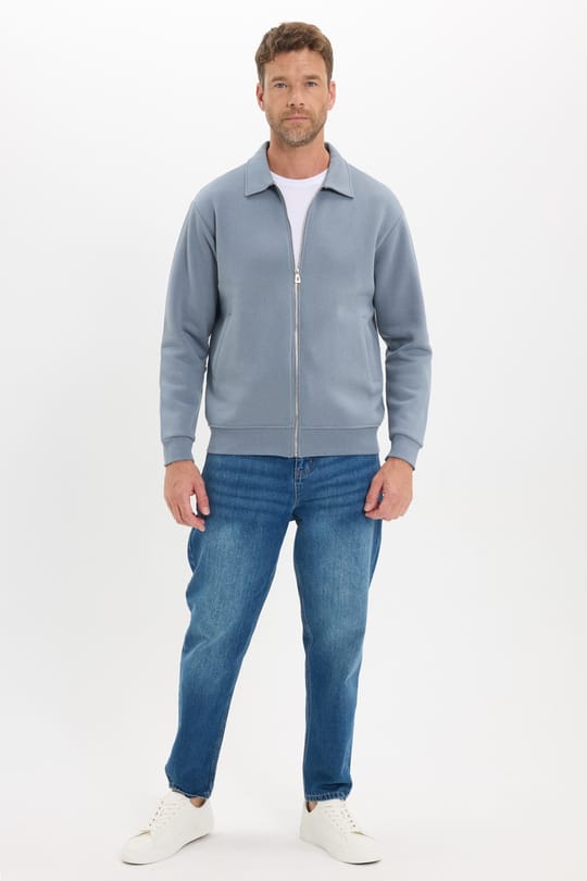 Unisex Relax Fit Rahat Kesim Pamuklu İç Polarlı Fermuarlı Gri Polo Yaka Flato Cepli Sweatshirt Hırka