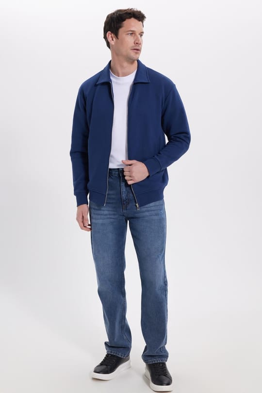 Unisex Relax Fit Rahat Kesim Pamuklu İç Polarlı Fermuarlı Lacivert Polo Yaka Flato Cepli Sweatshirt Hırka