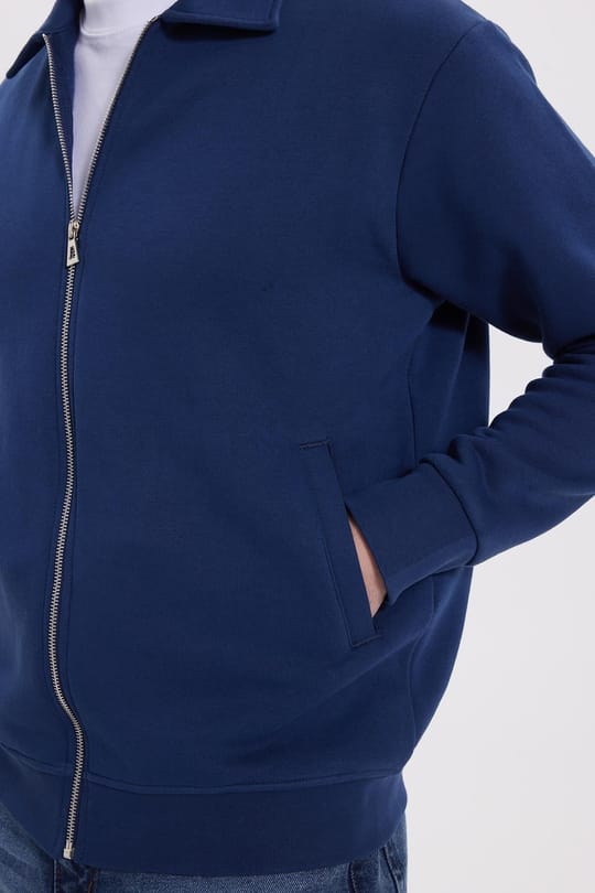 Unisex Relax Fit Rahat Kesim Pamuklu İç Polarlı Fermuarlı Lacivert Polo Yaka Flato Cepli Sweatshirt Hırka