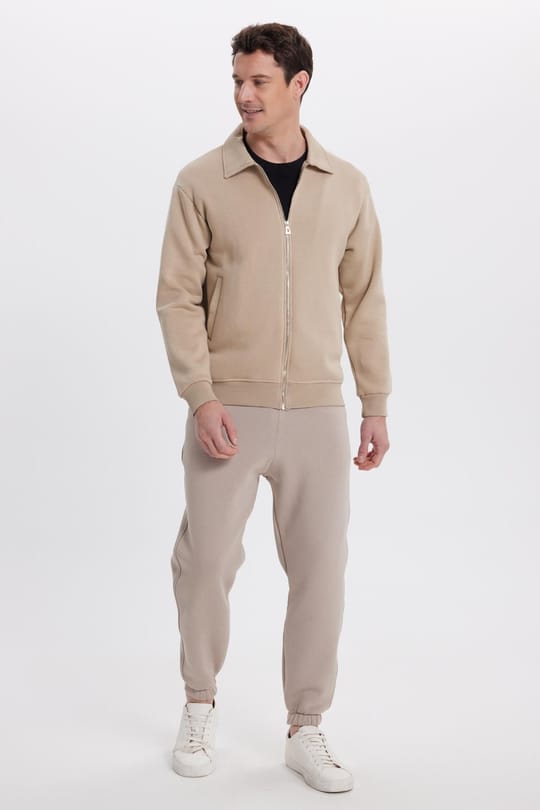 Unisex Relax Fit Rahat Kesim Pamuklu İçi Polarlı Fermuarlı Koyu Bej Polo Yaka Flato Cepli Sweatshirt Hırka