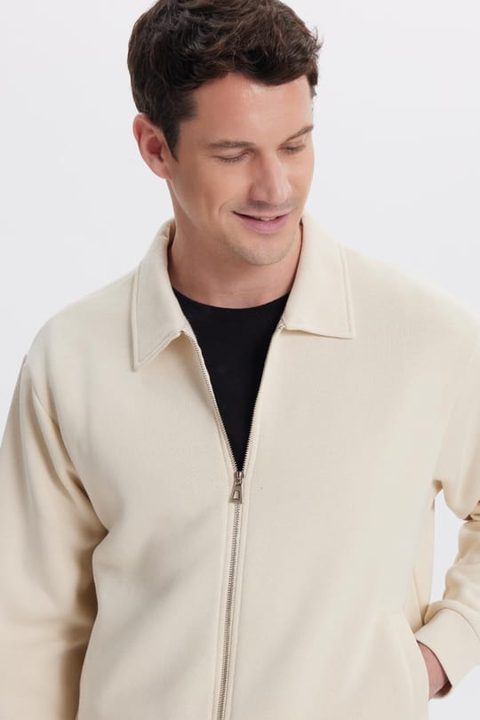 Unisex Relax Fit Rahat Kesim Pamuklu İç Polarlı Fermuarlı Bej Polo Yaka Flato Cepli Sweatshirt Hırka