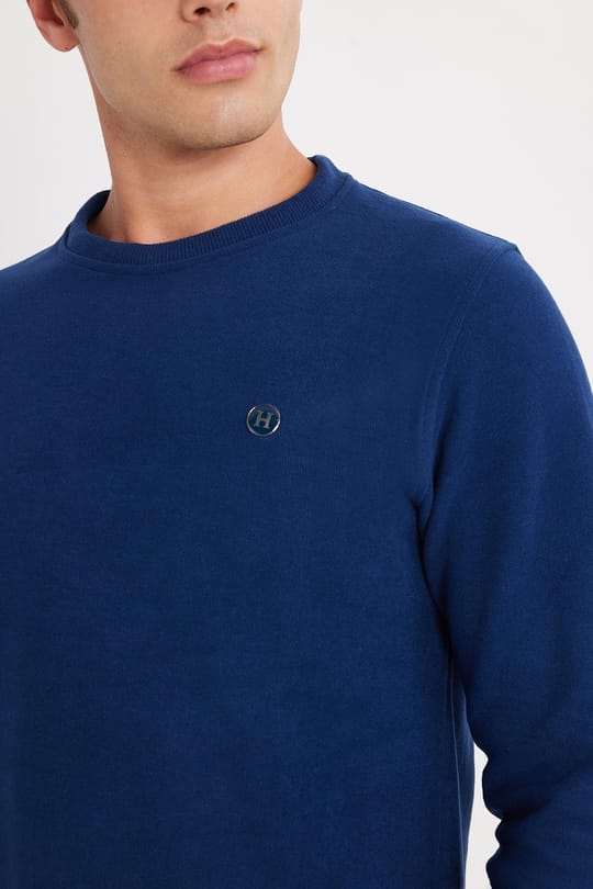 Erkek Slim Fit Dar Kesim Pamuklu Selanik Kumaş Bisiklet Yaka İndigo Sweatshirt