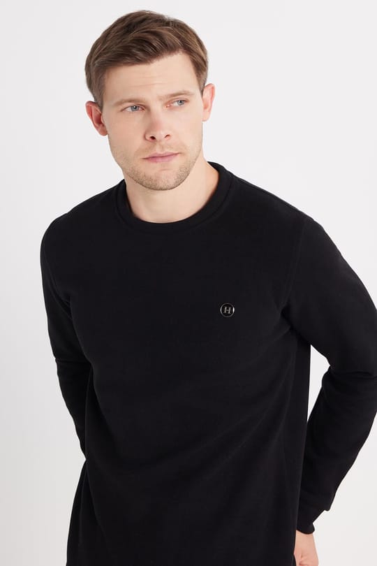 Erkek Slim Fit Dar Kesim Pamuklu Selanik Kumaş Bisiklet Yaka Siyah Sweatshirt