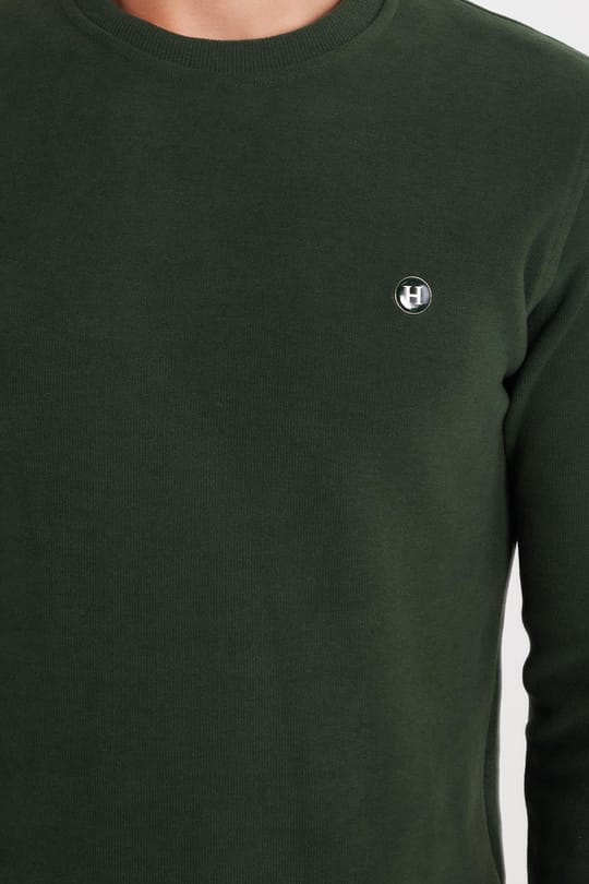 Erkek Slim Fit Dar Kesim Pamuklu Selanik Kumaş Bisiklet Yaka Yeşil Sweatshirt