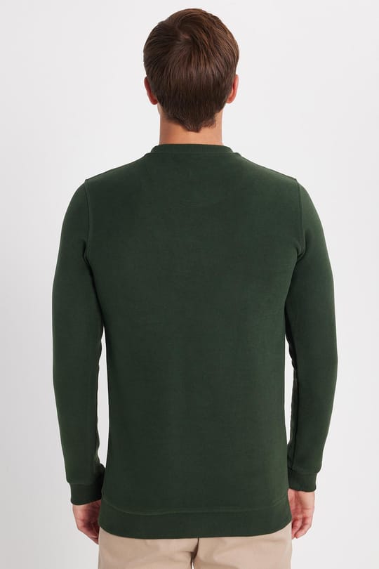 Erkek Slim Fit Dar Kesim Pamuklu Selanik Kumaş Bisiklet Yaka Yeşil Sweatshirt