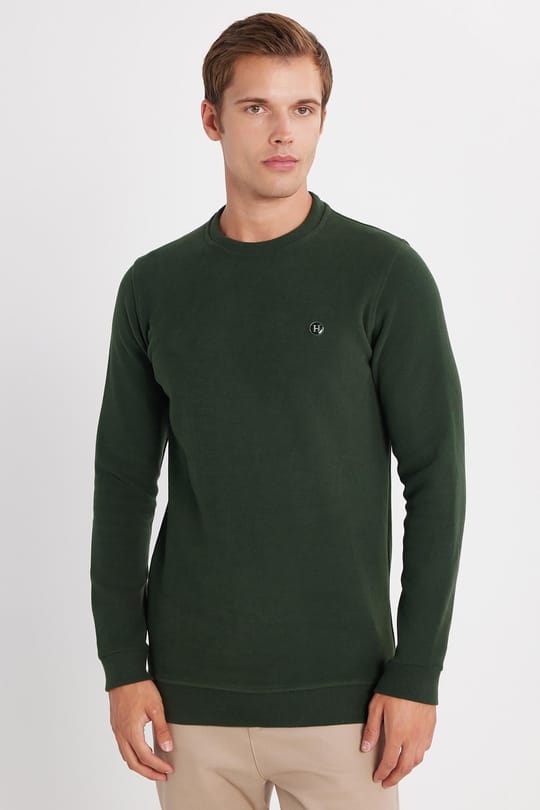 Erkek Slim Fit Dar Kesim Pamuklu Selanik Kumaş Bisiklet Yaka Yeşil Sweatshirt
