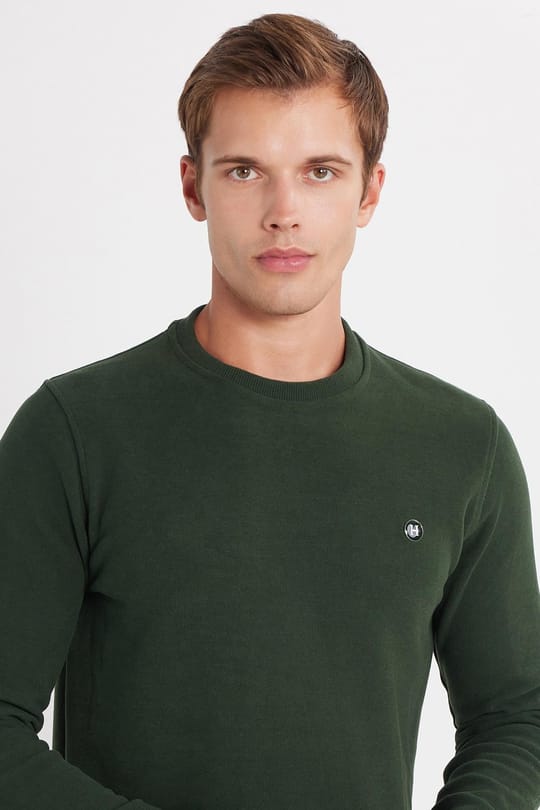 Erkek Slim Fit Dar Kesim Pamuklu Selanik Kumaş Bisiklet Yaka Yeşil Sweatshirt