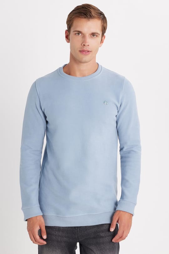 Erkek Slim Fit Dar Kesim Pamuklu Selanik Kumaş Bisiklet Yaka Mavi Sweatshirt