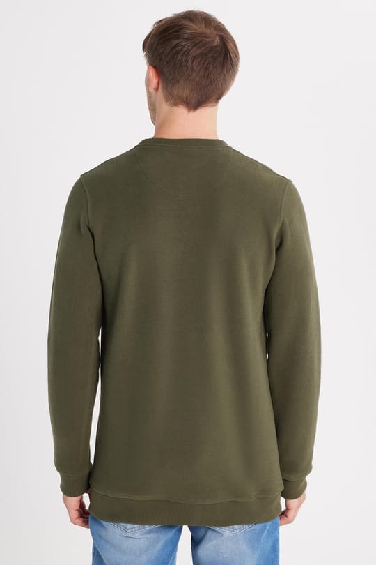 Erkek Slim Fit Dar Kesim Pamuklu Selanik Kumaş Bisiklet Yaka Haki Sweatshirt