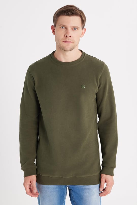 Erkek Slim Fit Dar Kesim Pamuklu Selanik Kumaş Bisiklet Yaka Haki Sweatshirt