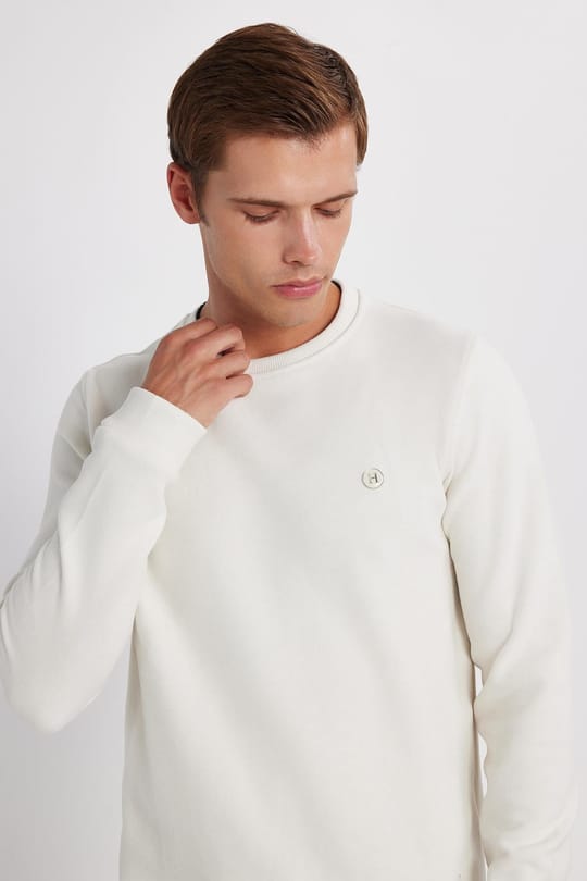 Erkek Slim Fit Dar Kesim Pamuklu Selanik Kumaş Bisiklet Yaka Ekru Sweatshirt