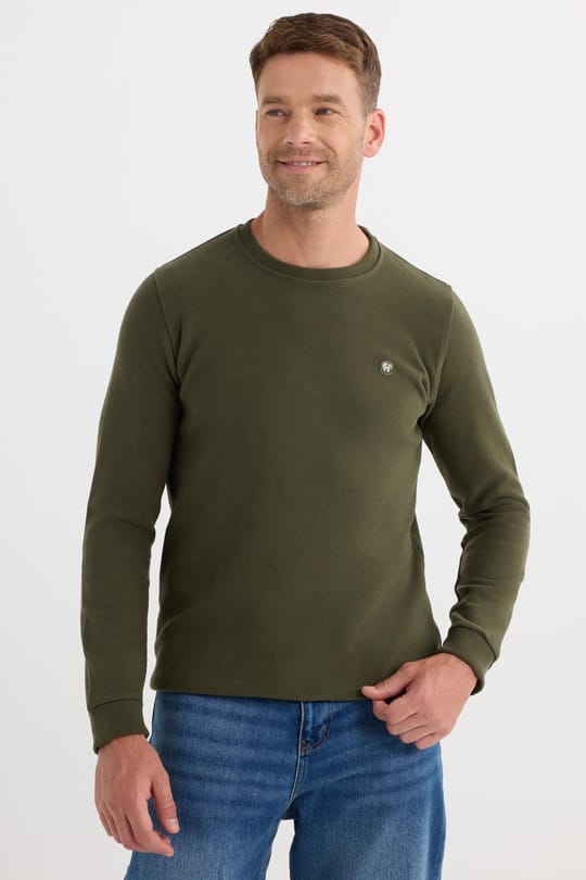 Erkek Slim Fit Dar Kesim Pamuklu Selanik Kumaş Bisiklet Yaka Haki Sweatshirt