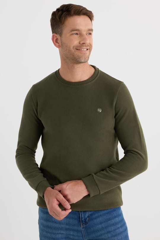 Erkek Slim Fit Dar Kesim Pamuklu Selanik Kumaş Bisiklet Yaka Haki Sweatshirt