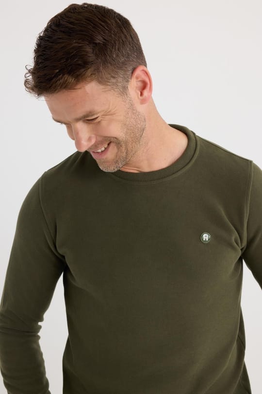 Erkek Slim Fit Dar Kesim Pamuklu Selanik Kumaş Bisiklet Yaka Haki Sweatshirt