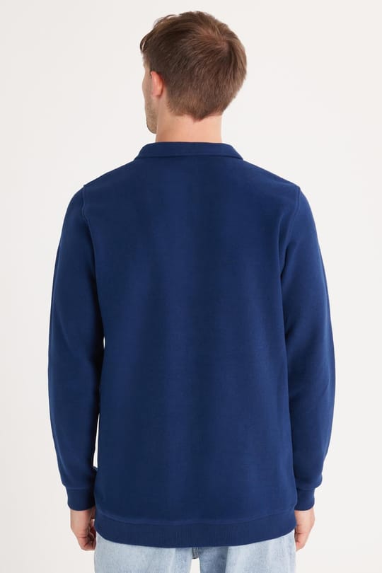 Erkek Standart Fit Pamuklu Selanik Kumaş Yarım Fermuarlı Polo Yaka Baskılı İndigo Sweatshirt