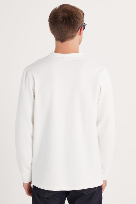 Erkek Standart Fit Pamuklu Bisiklet Yaka Şardonlu Baskılı Beyaz Sweatshirt 