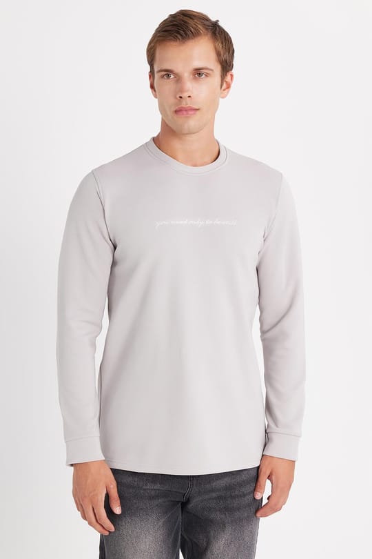 Erkek Standart Fit Pamuklu Bisiklet Yaka Şardonlu Baskılı Açık Gri Sweatshirt 