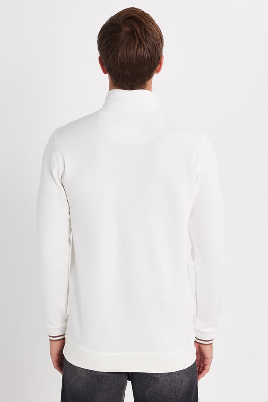 Erkek Slim Fit Dar Kesim Pamuklu Yarım Fermuarlı Dik Yaka Beyaz Sweatshirt