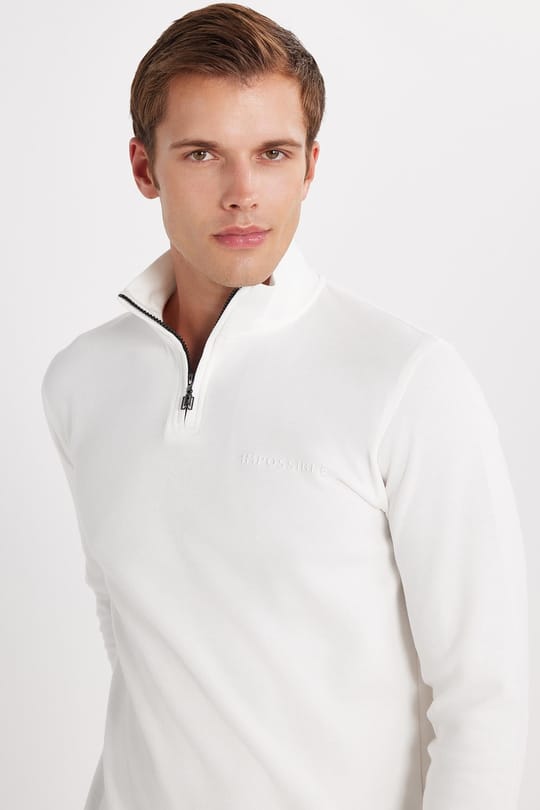 Erkek Slim Fit Dar Kesim Pamuklu Yarım Fermuarlı Dik Yaka Beyaz Sweatshirt