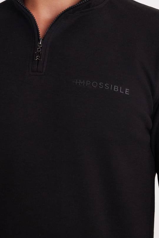 Erkek Slim Fit Dar Kesim Pamuklu Yarım Fermuarlı Dik Yaka Siyah Sweatshirt