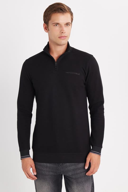 Erkek Slim Fit Dar Kesim Pamuklu Yarım Fermuarlı Dik Yaka Siyah Sweatshirt