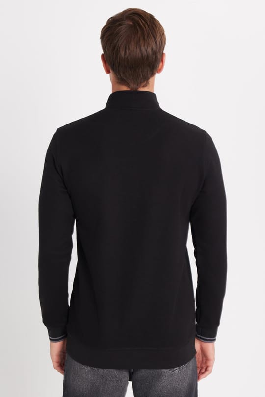 Erkek Slim Fit Dar Kesim Pamuklu Yarım Fermuarlı Dik Yaka Siyah Sweatshirt