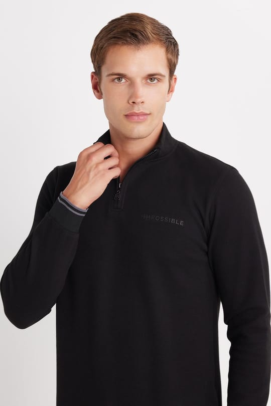 Erkek Slim Fit Dar Kesim Pamuklu Yarım Fermuarlı Dik Yaka Siyah Sweatshirt