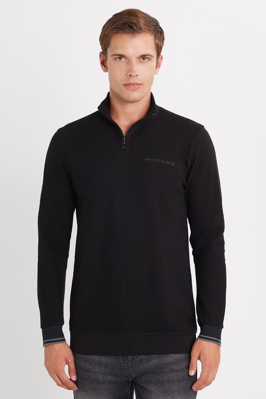 Erkek Slim Fit Dar Kesim Pamuklu Yarım Fermuarlı Dik Yaka Siyah Sweatshirt