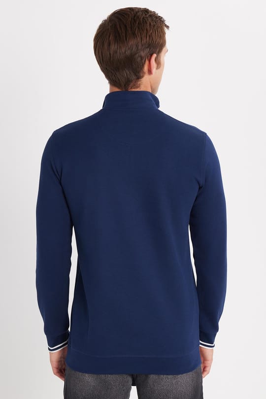 Erkek Slim Fit Dar Kesim Pamuklu Yarım Fermuarlı Dik Yaka Lacivert Sweatshirt