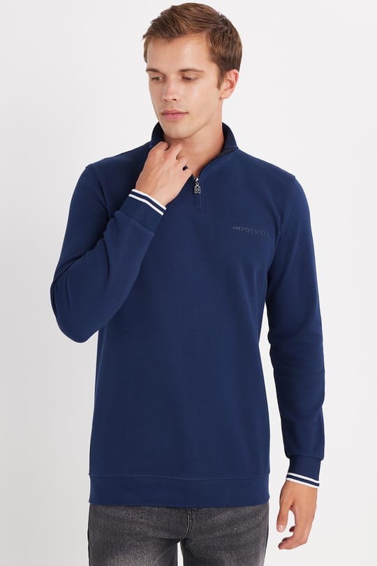 Erkek Slim Fit Dar Kesim Pamuklu Yarım Fermuarlı Dik Yaka Lacivert Sweatshirt
