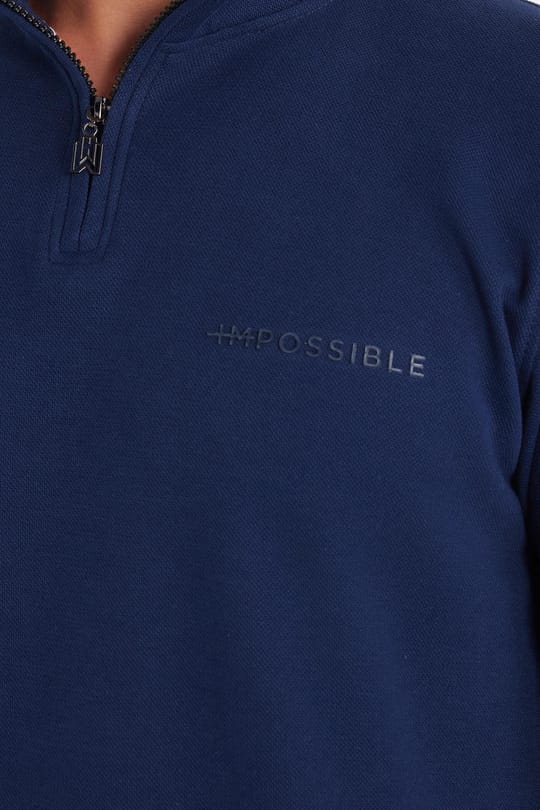 Erkek Slim Fit Dar Kesim Pamuklu Yarım Fermuarlı Dik Yaka Lacivert Sweatshirt