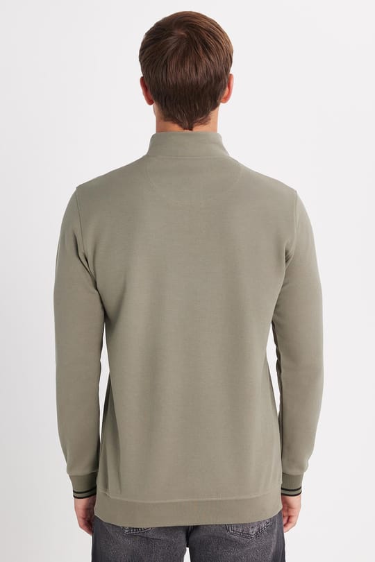 Erkek Slim Fit Dar Kesim Pamuklu Yarım Fermuarlı Dik Yaka Haki Sweatshirt