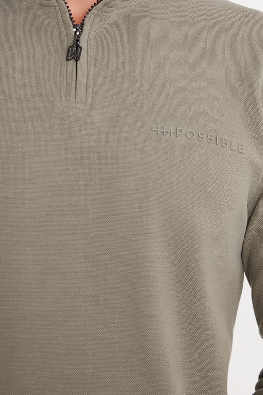 Erkek Slim Fit Dar Kesim Pamuklu Yarım Fermuarlı Dik Yaka Haki Sweatshirt