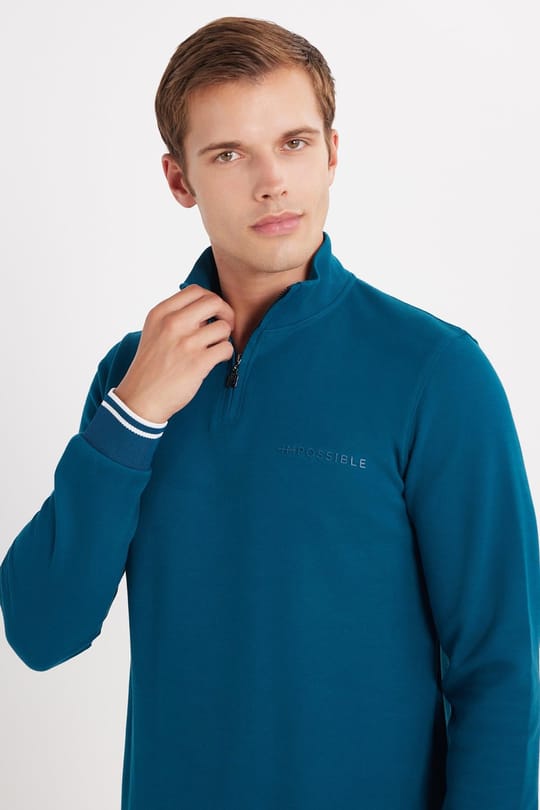 Erkek Slim Fit Dar Kesim Pamuklu Yarım Fermuarlı Dik Yaka Petrol Sweatshirt