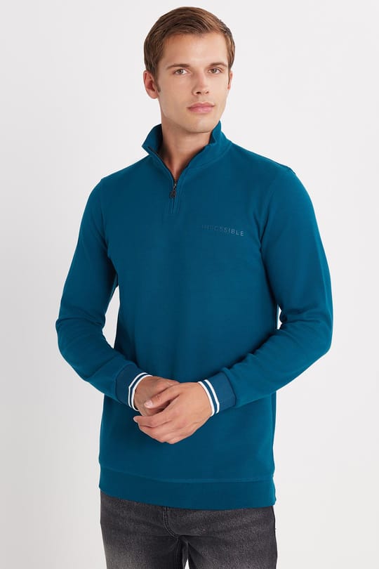 Erkek Slim Fit Dar Kesim Pamuklu Yarım Fermuarlı Dik Yaka Petrol Sweatshirt