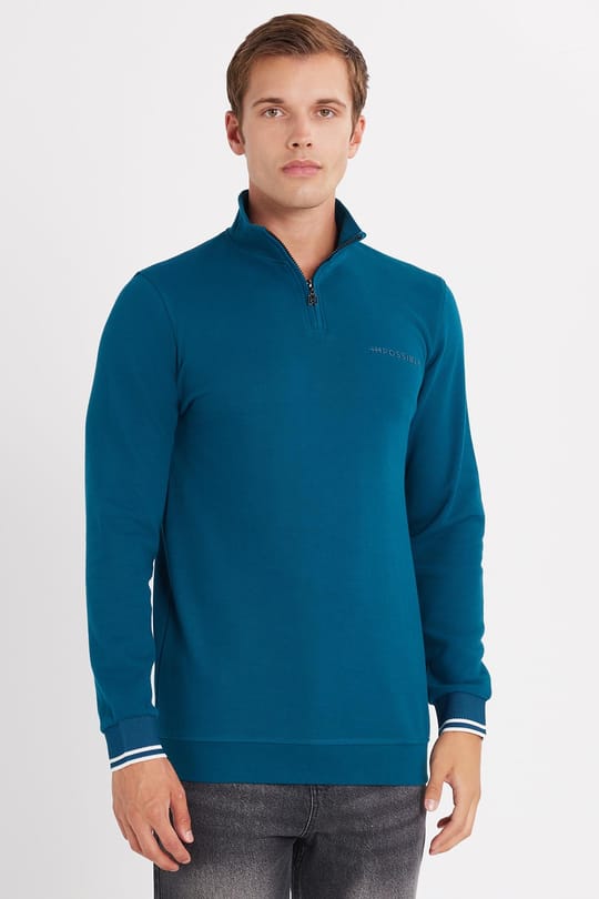 Erkek Slim Fit Dar Kesim Pamuklu Yarım Fermuarlı Dik Yaka Petrol Sweatshirt