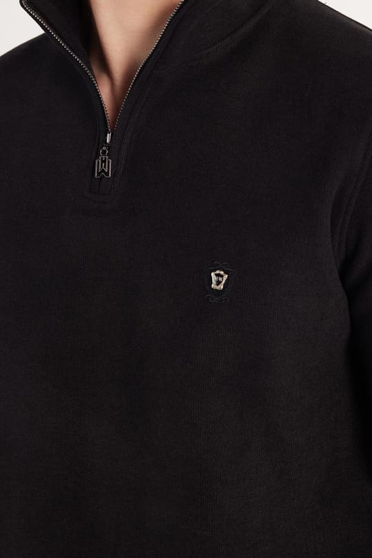 Erkek Slim Fit Dar Kesim Pamuklu Selanik Kumaş Yarım Fermuarlı Siyah Dik Yaka Sweatshirt
