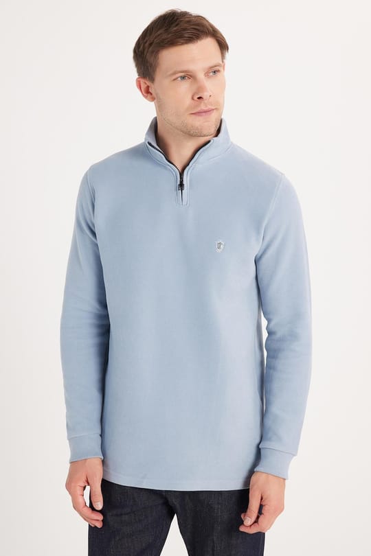 Erkek Slim Fit Dar Kesim Pamuklu Selanik Kumaş Yarım Fermuarlı Mavi Dik Yaka Sweatshirt