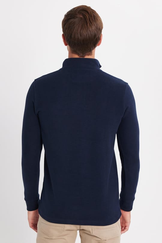 Erkek Slim Fit Dar Kesim Pamuklu Selanik Kumaş Yarım Fermuarlı Lacivert Dik Yaka Sweatshirt